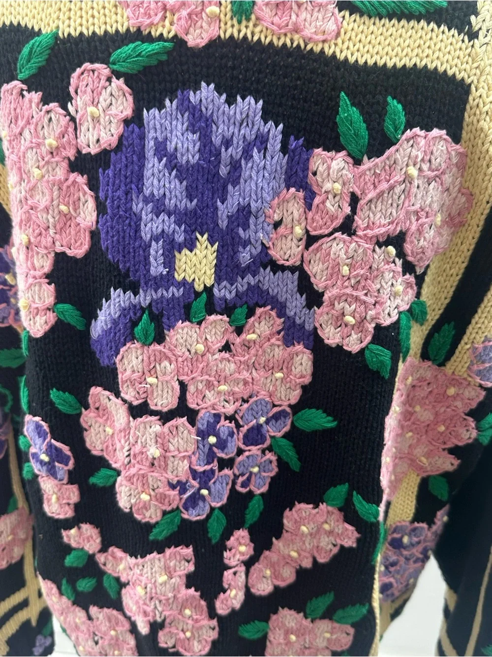 Vintage Hand Knitted Lisa Coufal Floral Sweater 100% Cotton 3D Embroidery Size L